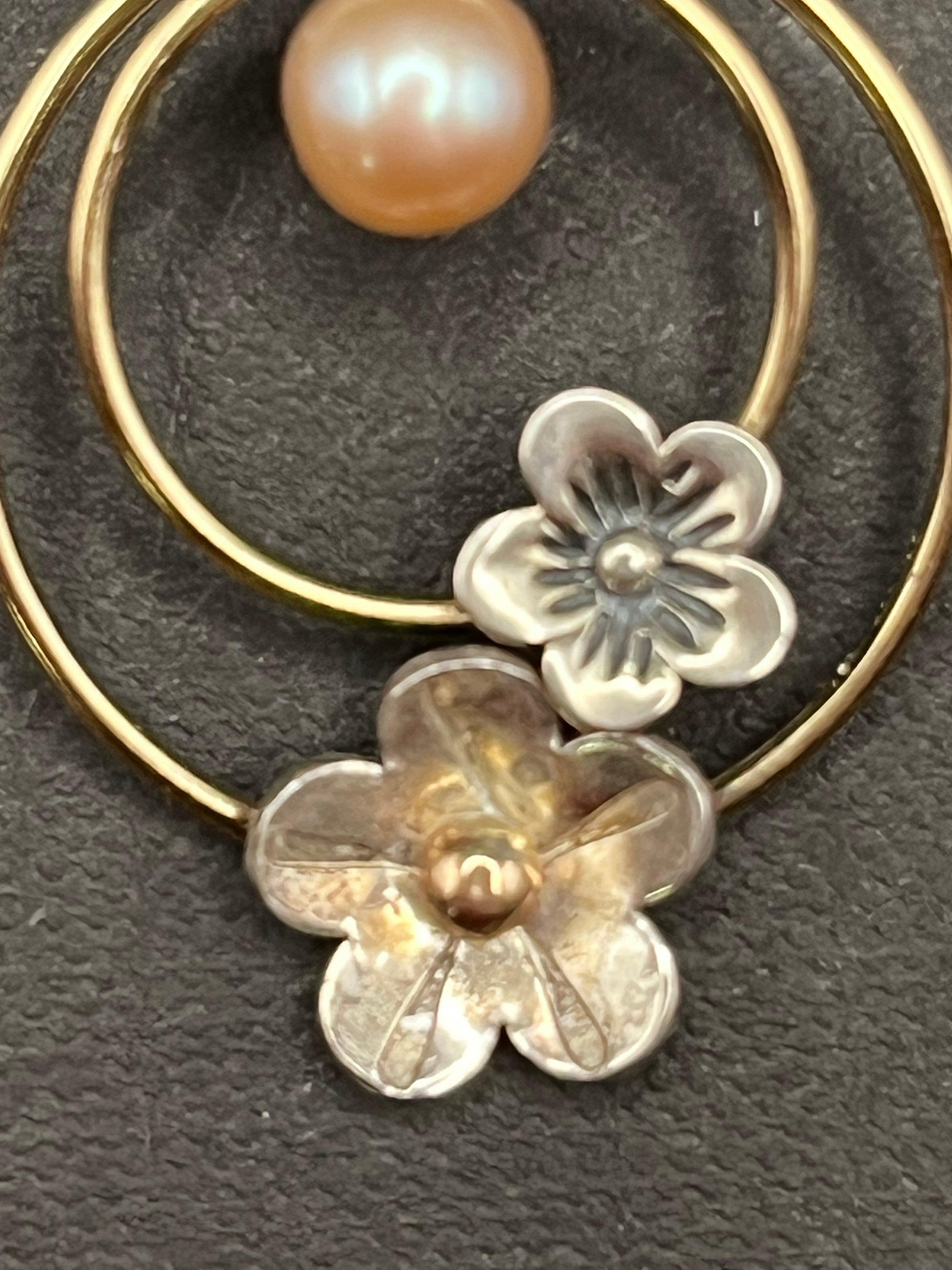 Double Hoop Gold Fllled Two Silver Flowers and Pearl Earring - Ellis Cole Jewelry Designs