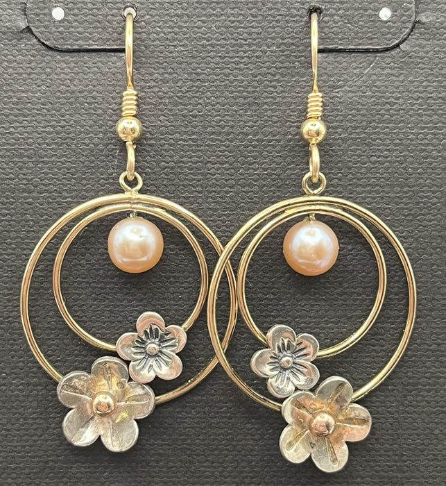 Double Hoop Gold Fllled Two Silver Flowers and Pearl Earring - Ellis Cole Jewelry Designs