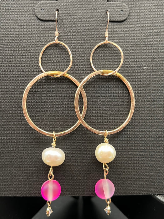 Two Hoop Gold Fllled Pearl and Pink Bead Earring - Ellis Cole Jewelry Designs