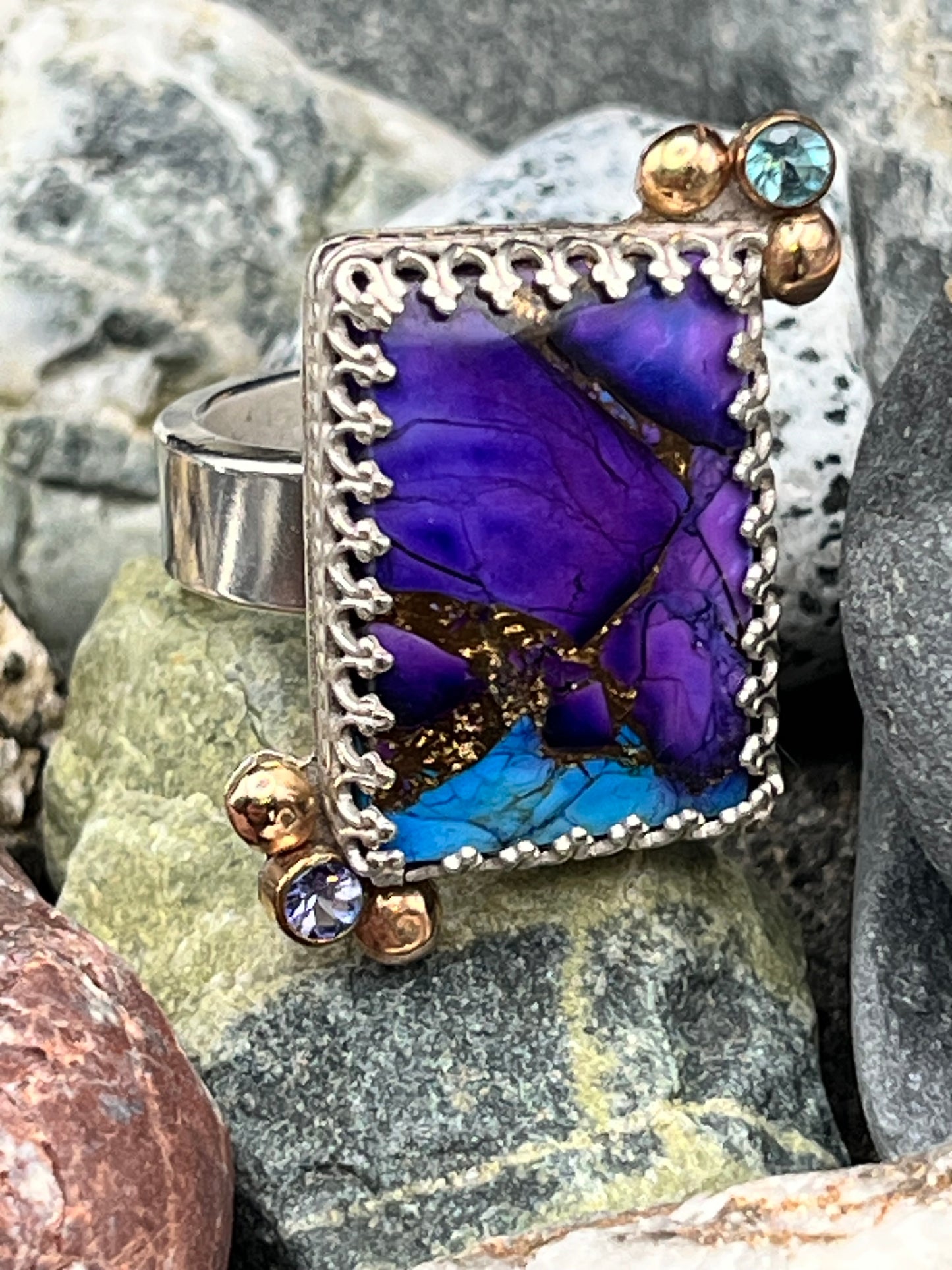 Mojave Purple Ring with Corner Beads and Stones
