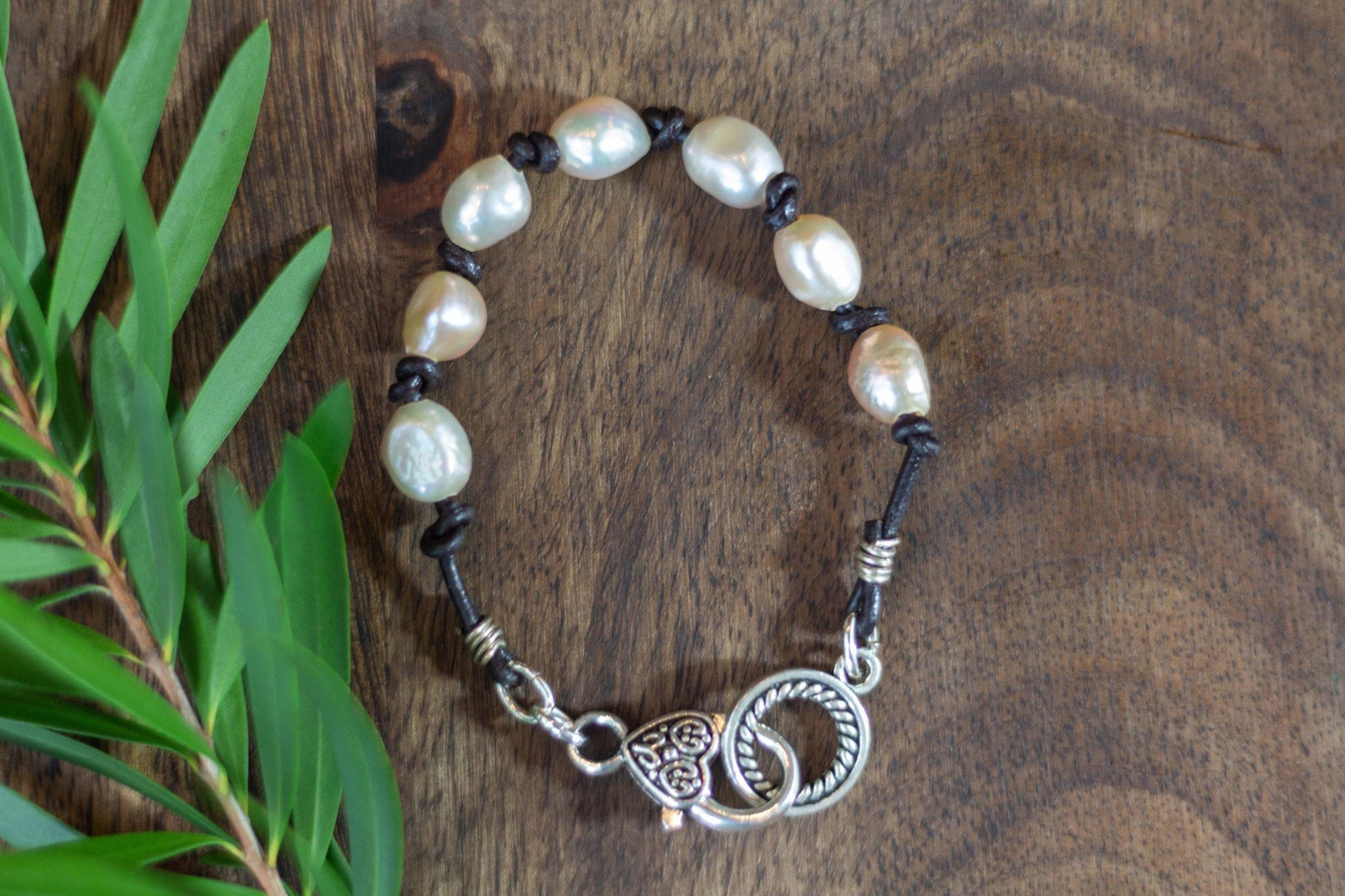 Pink Freshwater Pearl and Leather Bracelet - Ellis Cole Jewelry Designs